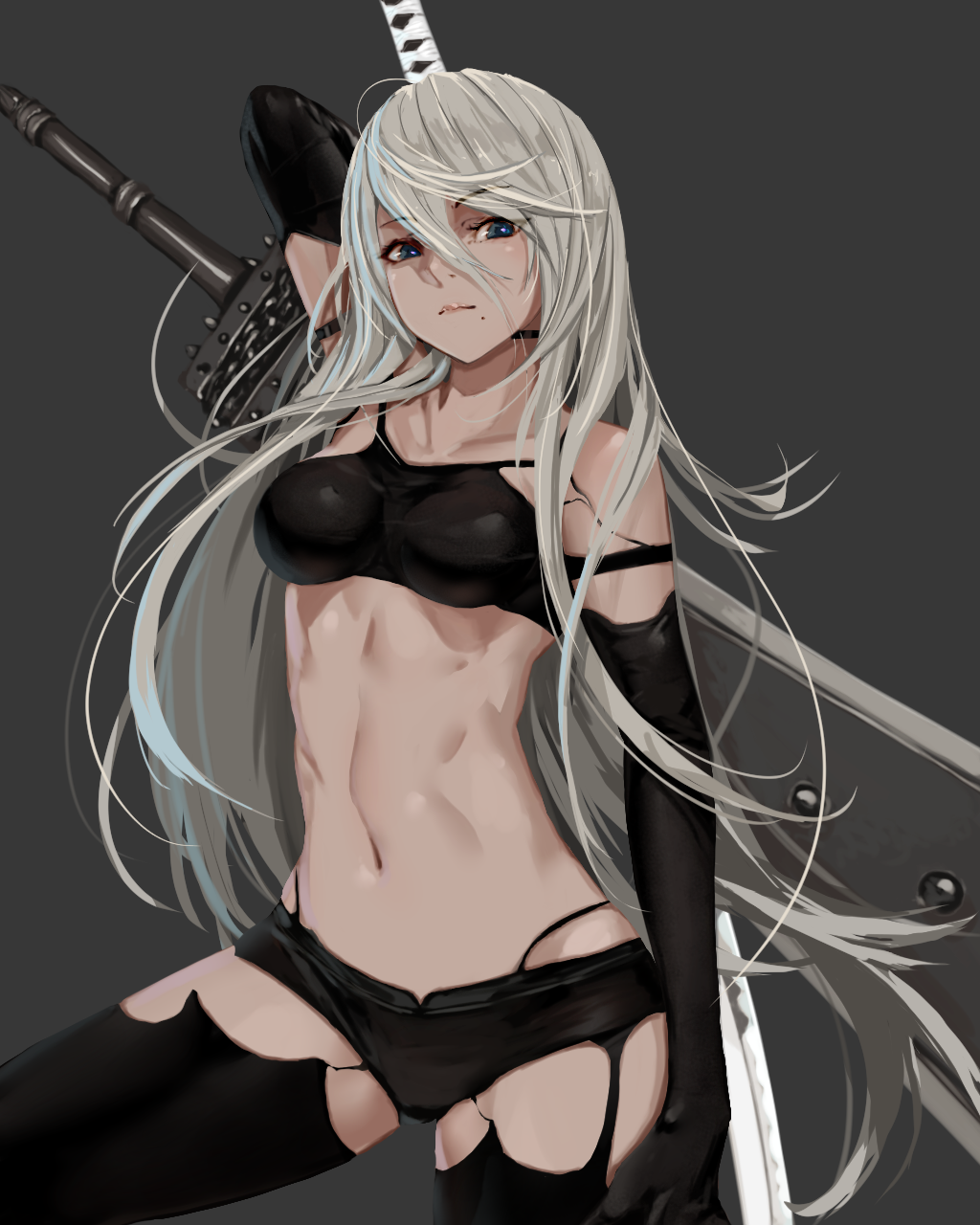 1girl, android, arm_at_side, arm_behind_head, arm_up, armlet, bangs, bare_shoulders, black_boots, black_gloves, black_legwear, black_shorts, blue_eyes, boots, breasts, broadsword, chains, closed_mouth, collarbone, cowboy_shot, crop_top, elbow_gloves, eyebrows_visible_through_hair, gloves, greatsword, grey_background, highleg_shorts, highres, holding, holding_sword, holding_weapon, huge_weapon, katana, legs_apart, lips, long_hair, looking_at_viewer, medium_breasts, midriff, min_(pixiv24629772), mole, mole_under_mouth, navel, nier_(series), nier_automata, patterned_clothing, pink_lips, pod_(nier_automata), robot_joints, shirt, short_shorts, shorts, silver_hair, simple_background, skin_tight, sleeveless, solo, standing, stomach, sword, tank_top, taut_clothes, taut_shirt, thigh-highs, very_long_hair, weapon, weapon_on_back, yorha_type_a_no._2