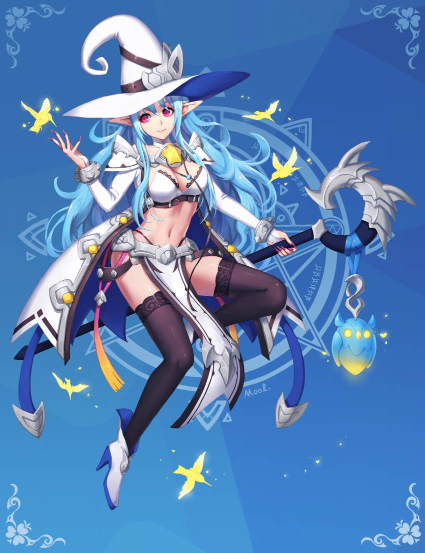 1girl, black_legwear, blue_background, blue_hair, blush, breasts, cleavage, hat