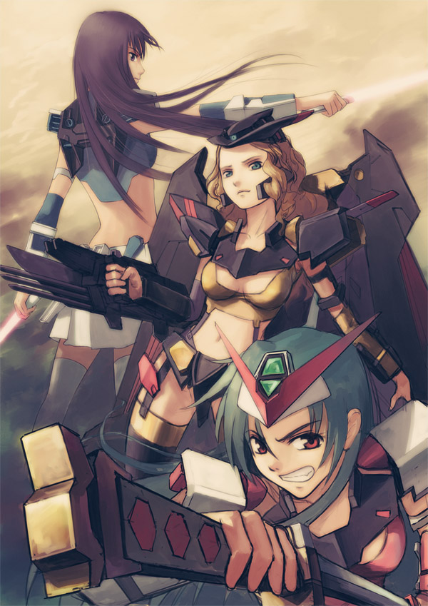 beam_rifle, blonde_hair, blue_eyes, blue_hair, brown_eyes, brown_hair, energy_sword, garter_belt, garters, grin, gun, gundam, gundam_astray_blue_frame, gundam_astray_gold_frame_amatsu, gundam_astray_red_frame, gundam_seed, gundam_seed_astray, knife, long_hair, mecha_musume, midriff, navel, red_eyes, skirt, smile, sword, weapon, zhenlin