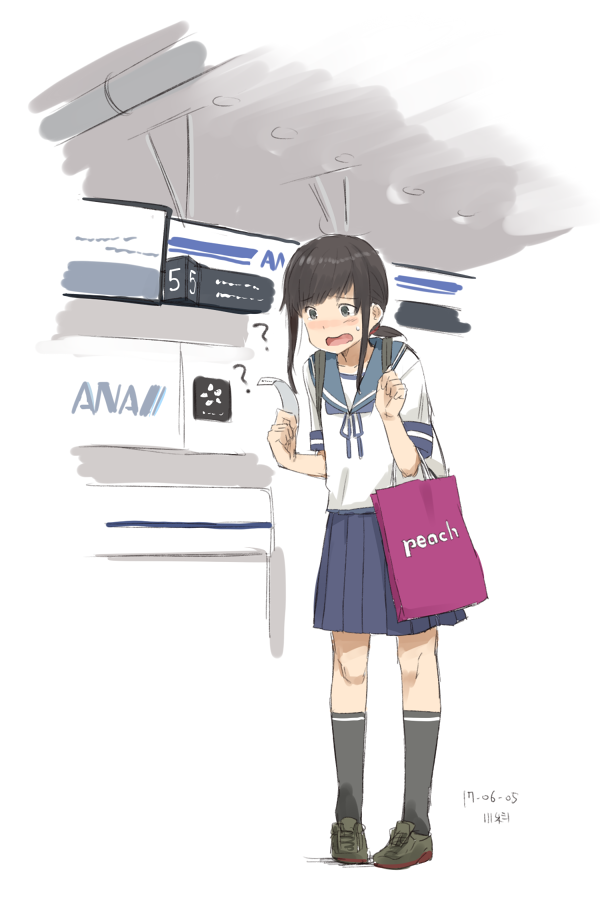 1girl, ?, airport, all_nippon_airways, artist_name, bag, bangs, black_hair