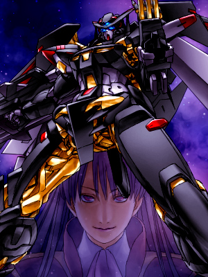 aoi_subaru, gundam, gundam_astray_gold_frame_amatsu, gundam_seed, gundam_seed_astray, long_hair, lowres, mecha, rondo_mina_sahaku, space