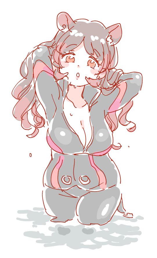 1girl, arms_behind_head, breasts, commentary, commentary_request, curly_hair, hippopotamus_(kemono_friends), hippopotamus_ears