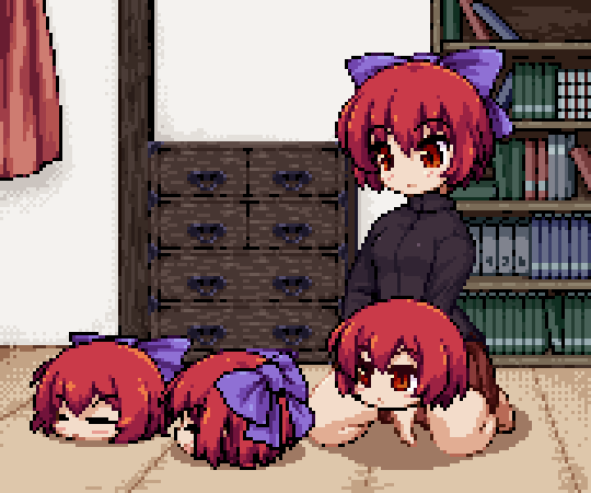 1girl, ^_^, animated, animated_gif, bangs, barefoot, book, bookshelf