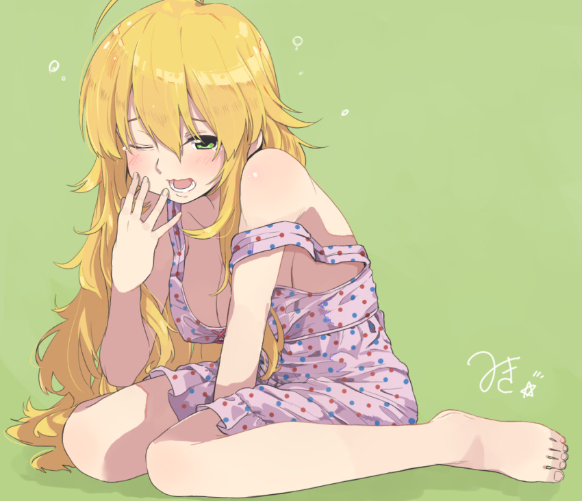 1girl, ahoge, artist_signature, bare_legs, barefoot, blonde_hair, blush, breasts