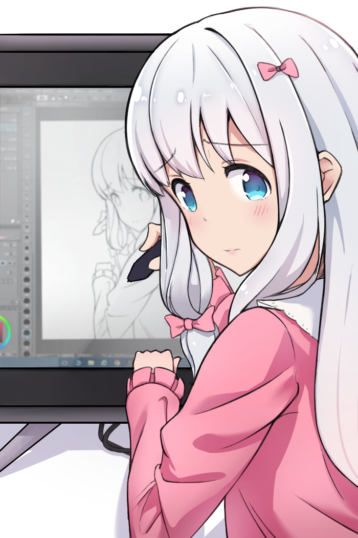 1girl, blue_eyes, blush, bow, eromanga_sensei, hair_bow, izumi_sagiri, kela