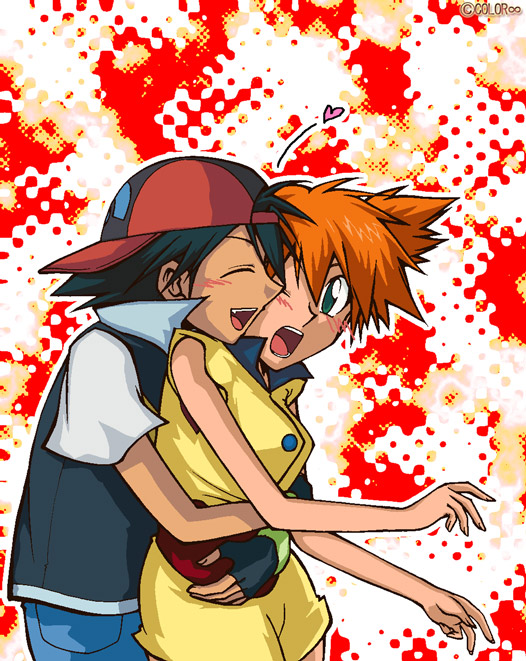 bad_id, blush, fingerless_gloves, gloves, green_eyes, hat, hug, hug_from_behind, kasumi_(pokemon), kasumi_(pokemon)_(ag), open_mouth, orange_hair, pokemon, pokemon_(anime), satoshi_(pokemon), short_hair, side_ponytail, surprise, surprised, xruka
