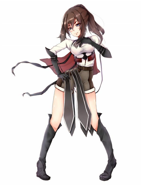 1girl, aeve, belt, black_boots, black_gloves, boots, breasts, brown_hair