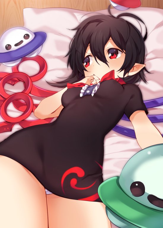 1girl, akagashi_hagane, asymmetrical_wings, black_dress, black_hair, blush, breasts, dress