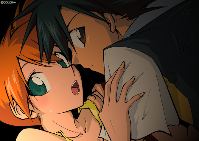 blush, green_eyes, kasumi_(pokemon), open_mouth, orange_hair, pokemon, pokemon_(anime), satoshi_(pokemon)