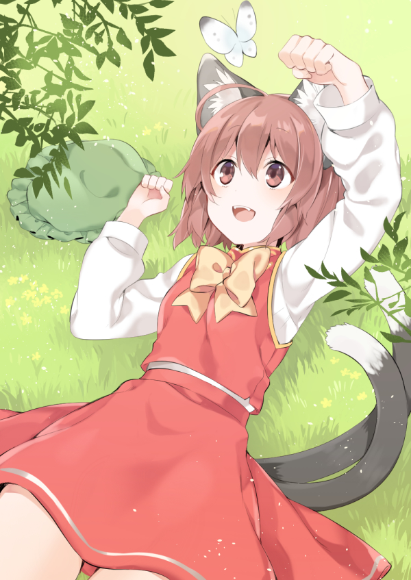 1girl, :d, ahoge, akagashi_hagane, animal, animal_ears, arm_up, bow