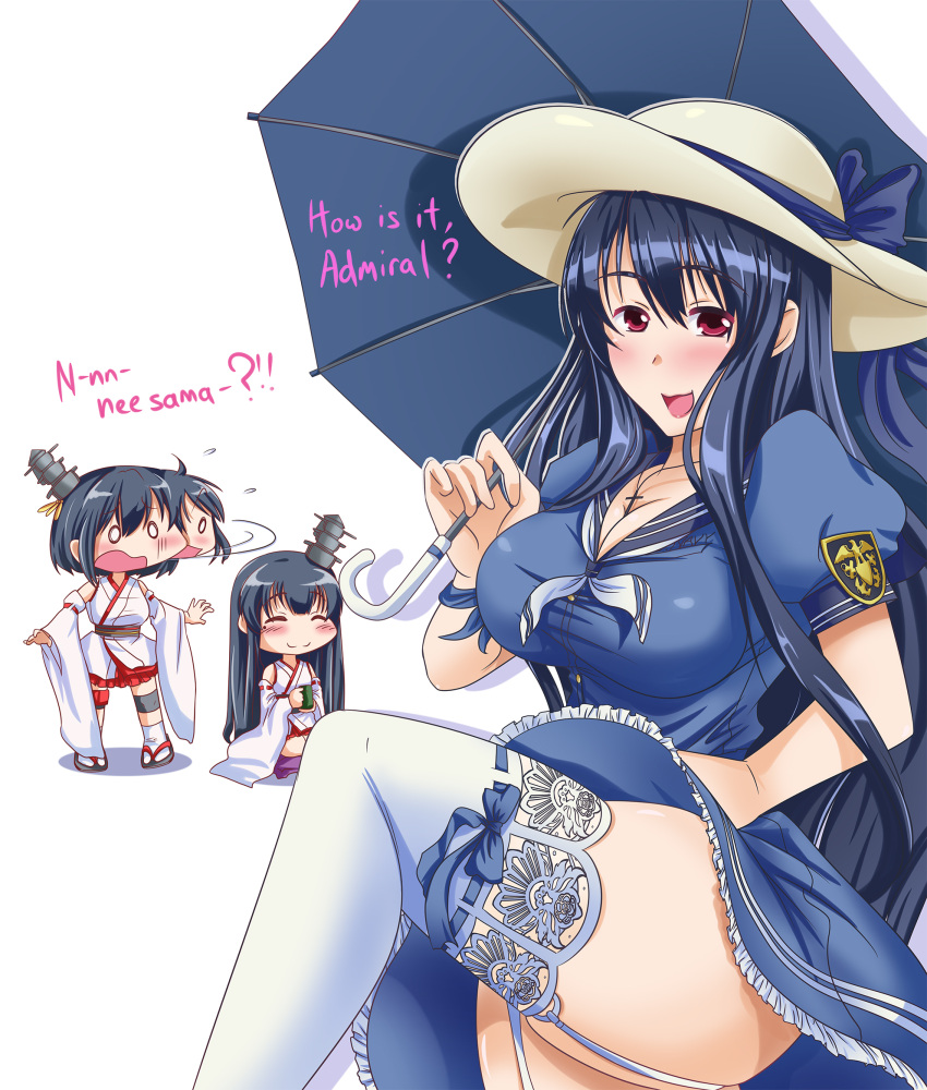 3girls, ^_^, alternate_costume, black_hair, blue_dress, blush, breasts, chibi