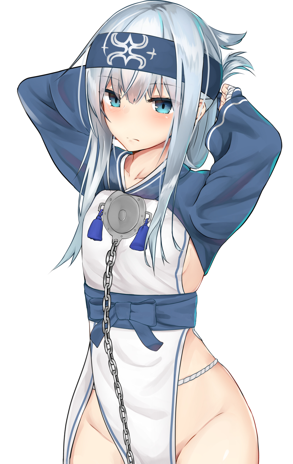 1girl, ainu_clothes, alternate_costume, alternate_hairstyle, blue_eyes, breasts, chains, cosplay