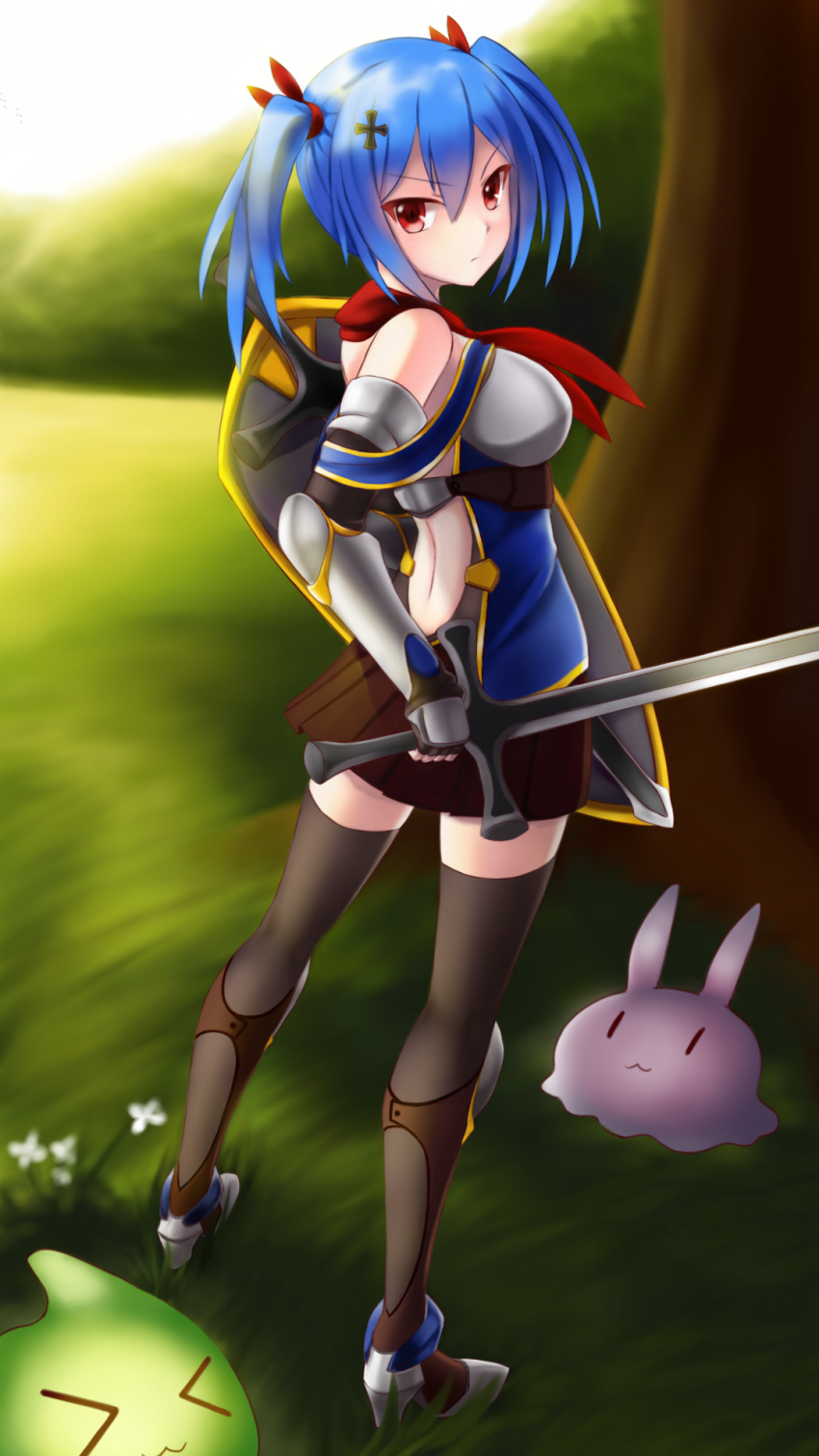 1girl, armor, bare_shoulders, black_legwear, blue_hair, closed_eyes, cross_hair_ornament, from_behind