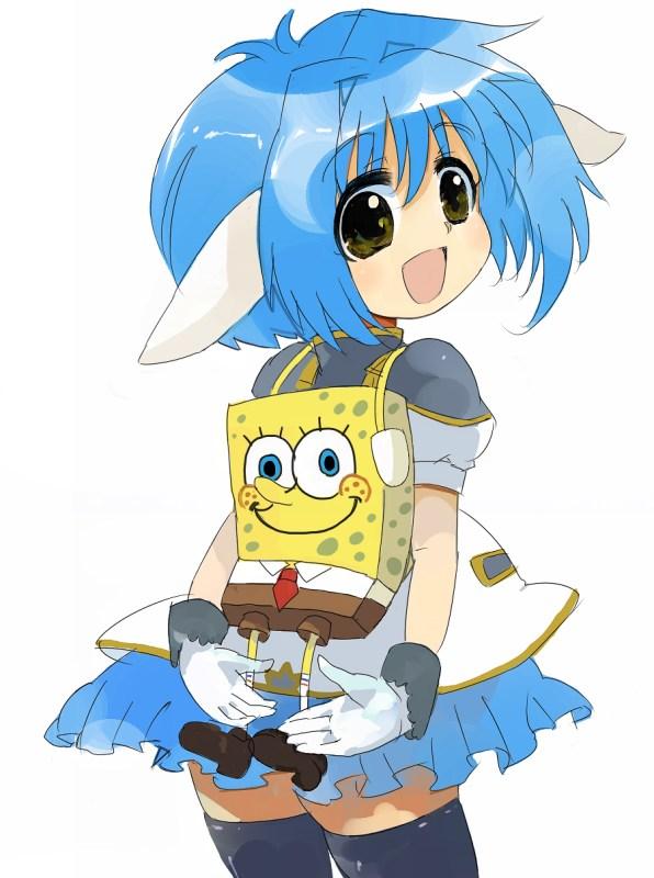 asasow, backpack, bag, blue_hair, galaxy_angel, mint_blancmanche, nickelodeon, short_hair, sketch, spongebob, spongebob_squarepants, spongebob_squarepants_(character), thigh-highs, thighhighs, zettai_ryouiki