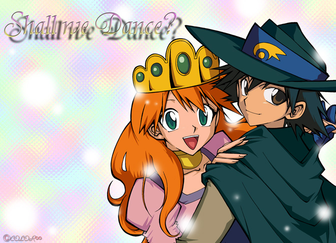 bad_id, cape, crown, dancing, dress, gloves, green_eyes, hat