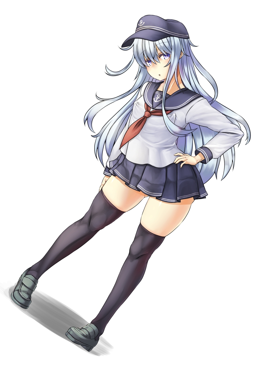black_legwear, blue_eyes, erect_nipples, flat_cap, galerie, hand_on_hip, hat, hibiki_(kantai_collection), highres, kantai_collection, long_hair, neckerchief, pleated_skirt, school_uniform, serafuku, silver_hair, skirt, thigh-highs, thighs