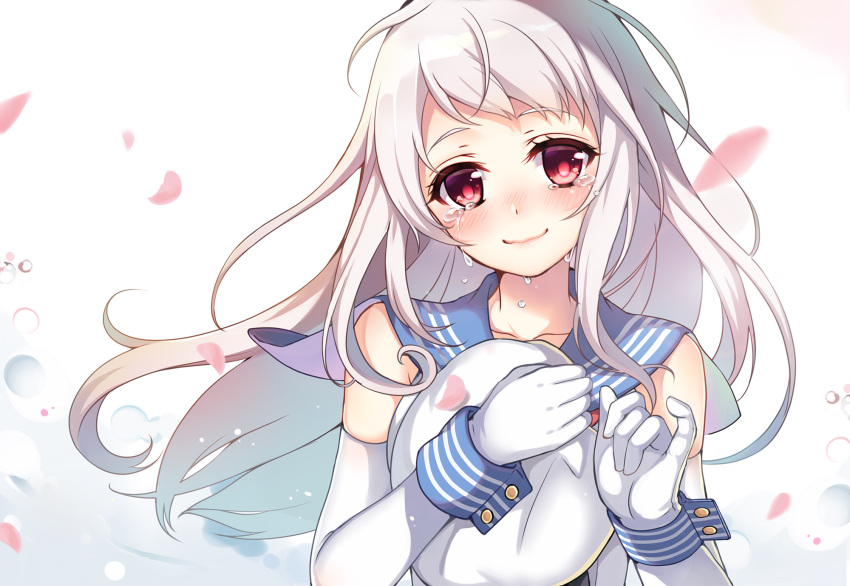 1girl, ahoge, beret, changchun_(zhan_jian_shao_nyu), elbow_gloves, eyelashes, flush, gloves, hasu_(velicia), hat, highres, holding, holding_hat, long_hair, looking_at_viewer, petals, red_eyes, sailor_collar, smile, tears, upper_body, waving_hair, white_background, white_hair, zhan_jian_shao_nyu