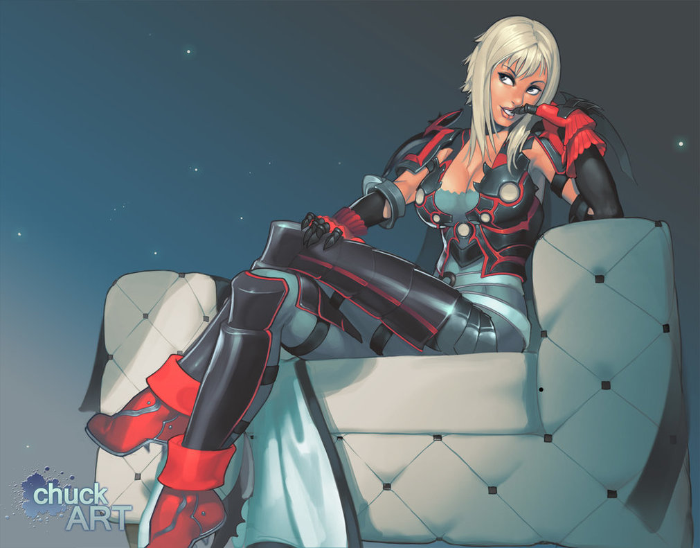 1girl, aranea_highwind, armor, blonde_hair, breasts, chuck_pires, cleavage, couch