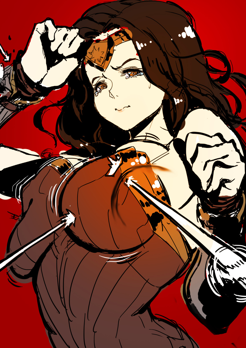 1girl, absurdres, bare_shoulders, bouncing_breasts, breasts, bullet, circlet, han-0v0, highres, large_breasts, red_background, red_eyes, ricocheting, simple_background, solo, tears, wonder_woman, wonder_woman_(series)