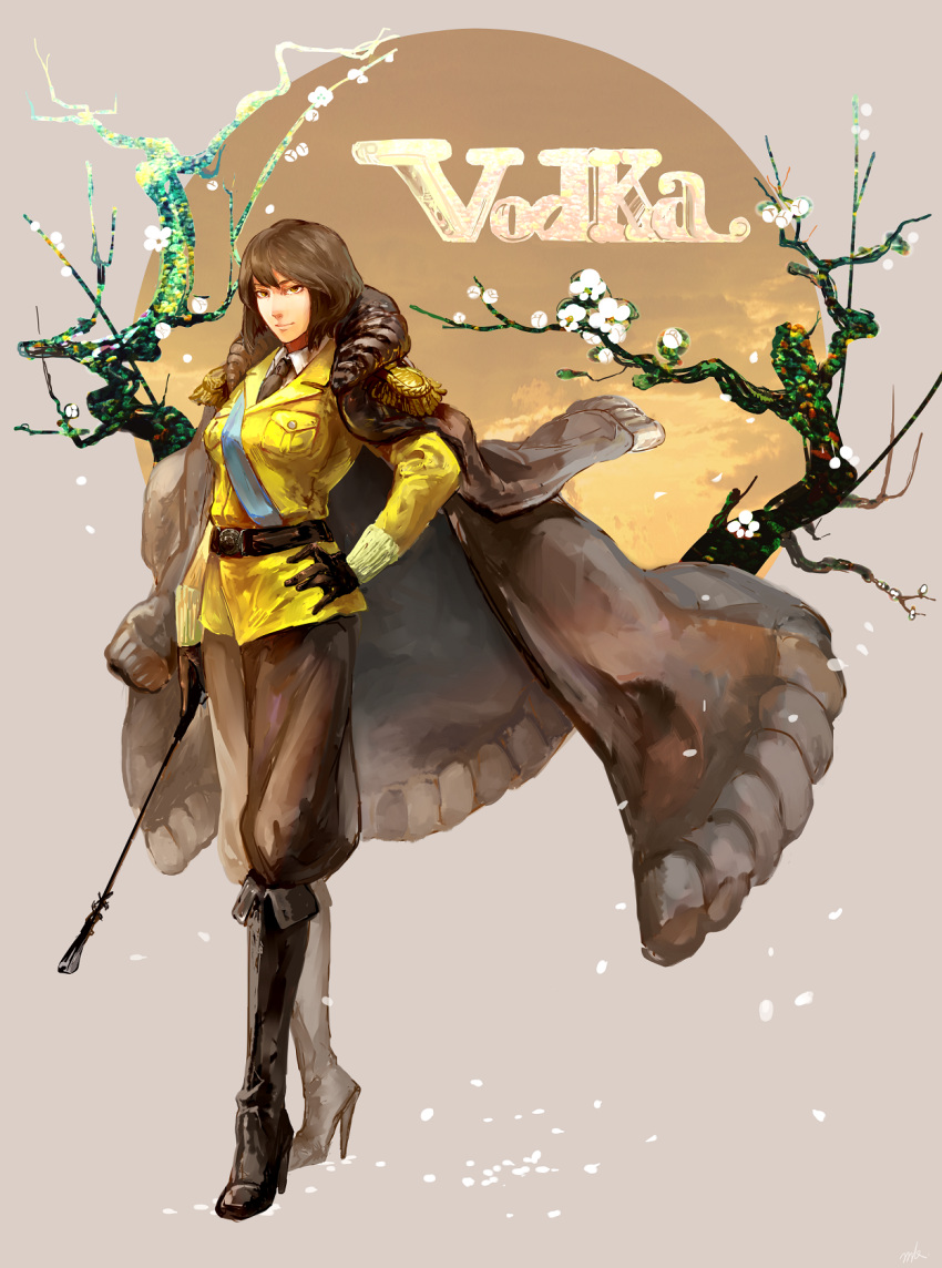 belt, boots, branch, brown_boots, brown_eyes, brown_gloves, brown_hair, brown_necktie, brown_pants, character_name, epaulettes, flower, full_body, gloves, hand_on_hip, high_heel_boots, high_heels, highres, jacket_on_shoulders, looking_at_viewer, necktie, pants, pocket, riding_crop, smile, solo, standing, suprintazu, umabi, vodka_(racehorse), yellow_clothes