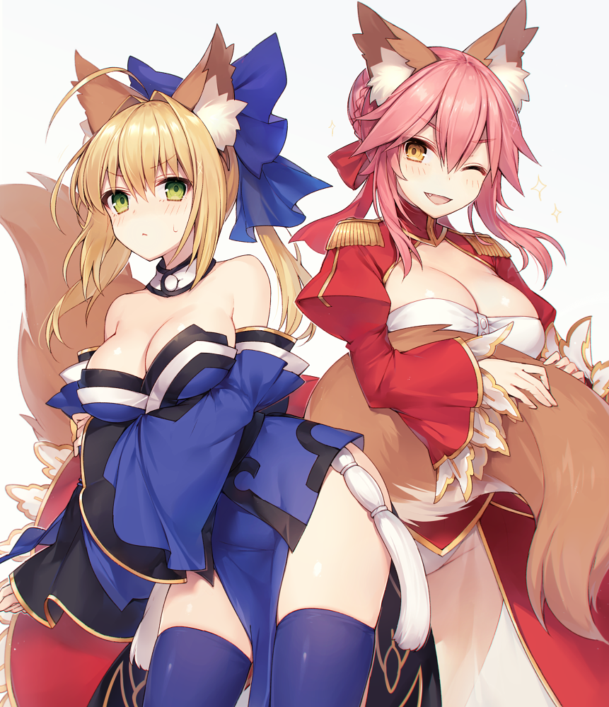2girls, :<, ;d, ahoge, alternate_hairstyle, animal_ear_fluff, animal_ears, bare_shoulders