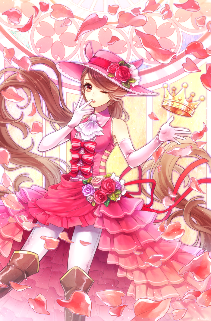 1girl, ;o, absurdly_long_hair, boots, bouquet, bow, brown_boots, brown_eyes, brown_hair, crown, dress, elbow_gloves, flower, frilled_dress, frills, full_body, gloves, haru_urara_(racehorse), hat, hat_flower, kiritani846, long_hair, looking_at_viewer, one_eye_closed, personification, petals, pink_bow, pink_dress, pink_gloves, pink_hat, ponytail, solo, standing, umabi, very_long_hair, white_legwear