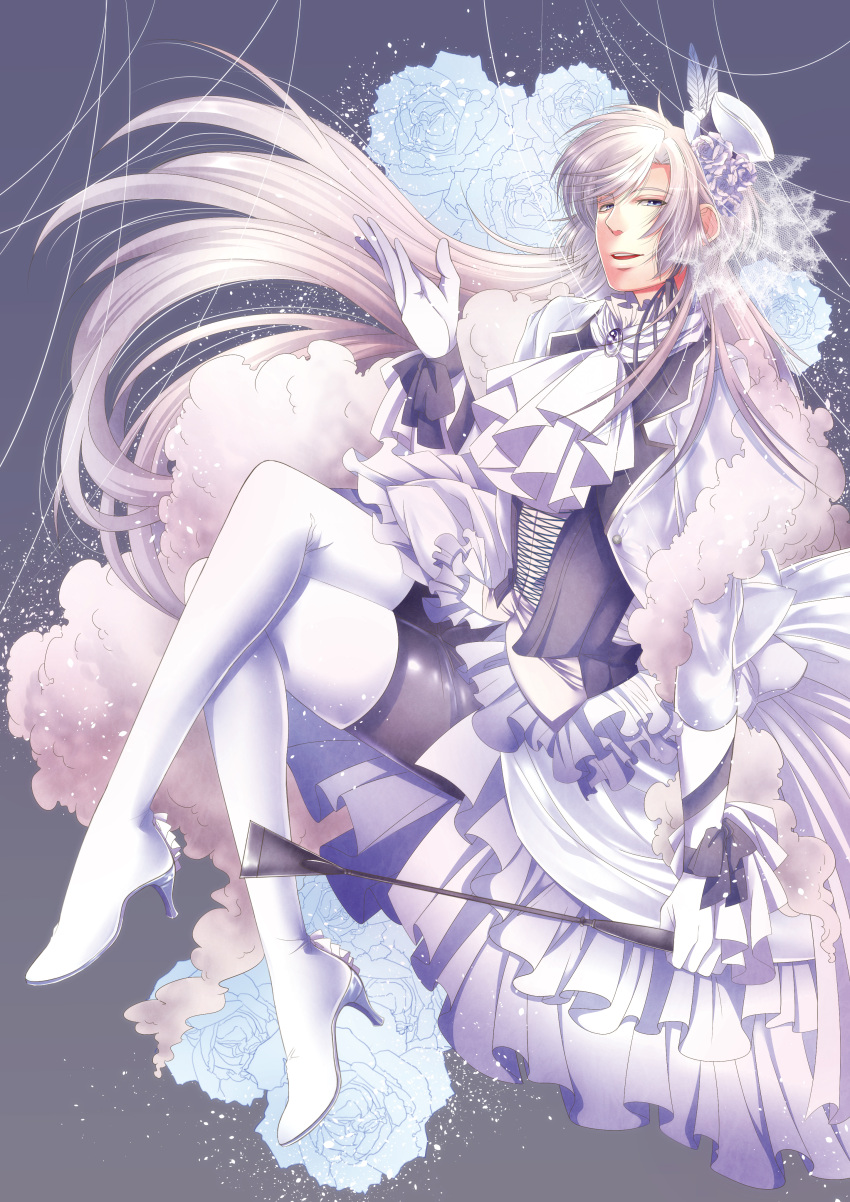 1boy, absurdres, boots, cravat, flower, gloves, hair_flower, hair_ornament