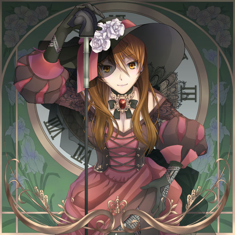 1girl, arm_up, barsal, black_gloves, black_hat, brown_eyes, brown_hair, cane, clock, dress, flower, gem, gloves, hat, hat_flower, long_hair, looking_at_viewer, puffy_sleeves, red_dress, solo, standing, umabi