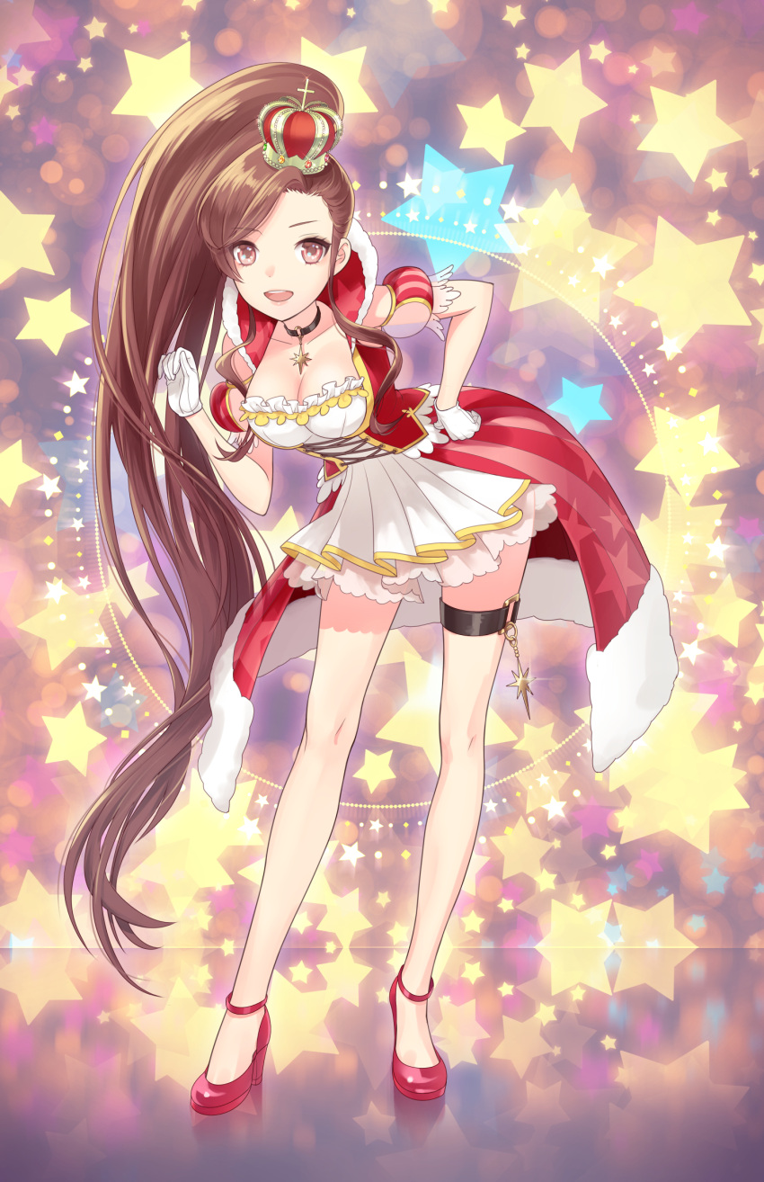 1girl, :d, breasts, brown_eyes, brown_hair, choker, cleavage, crown