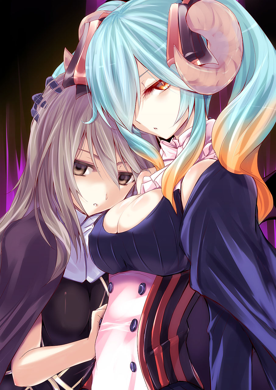 2girls, blue_hair, breasts, brown_eyes, brown_hair, cleavage, commentary, demon_horns