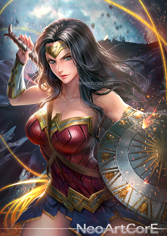 1girl, arm_up, bare_shoulders, black_hair, blue_eyes, breasts, circlet, dc_comics