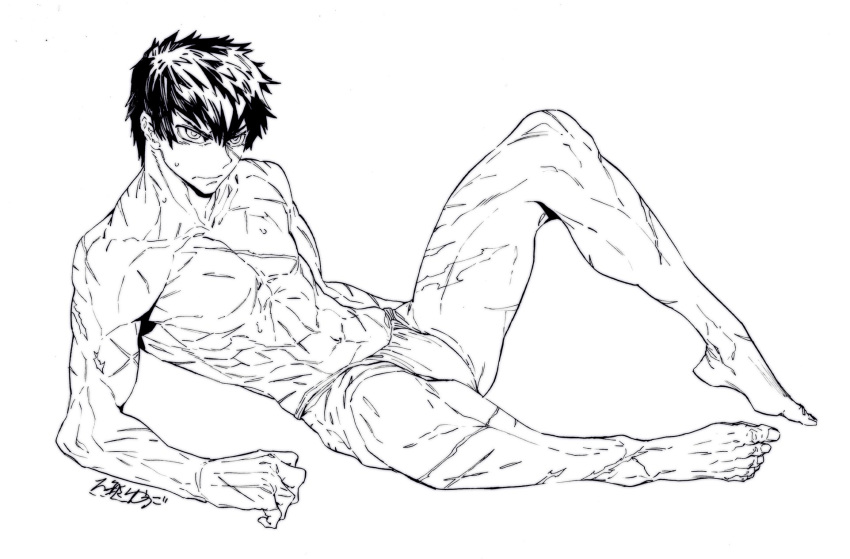 1boy, arm_support, doudanuki_masakuni, full_body, fundoshi, highres, japanese_clothes, lying