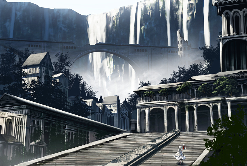 1girl, arch, architecture, axe, battle_axe, bridge, building, dress