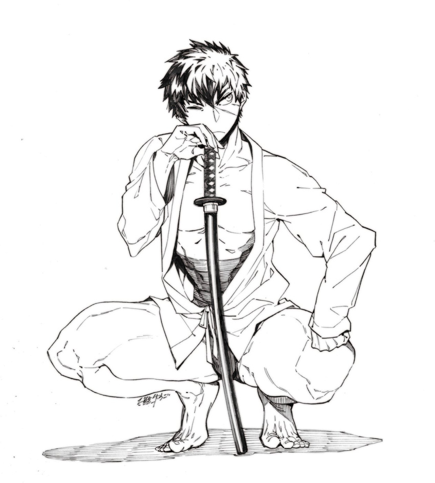 1boy, barefoot, closed_mouth, collarbone, convenient_censoring, doudanuki_masakuni, full_body, fundoshi, highres, japanese_clothes, looking_to_the_side, male_focus, okuma_yuugo, one_eye_closed, sarashi, scar, shadow, short_hair, signature, simple_background, solo, squatting, sword, touken_ranbu, weapon, white_background