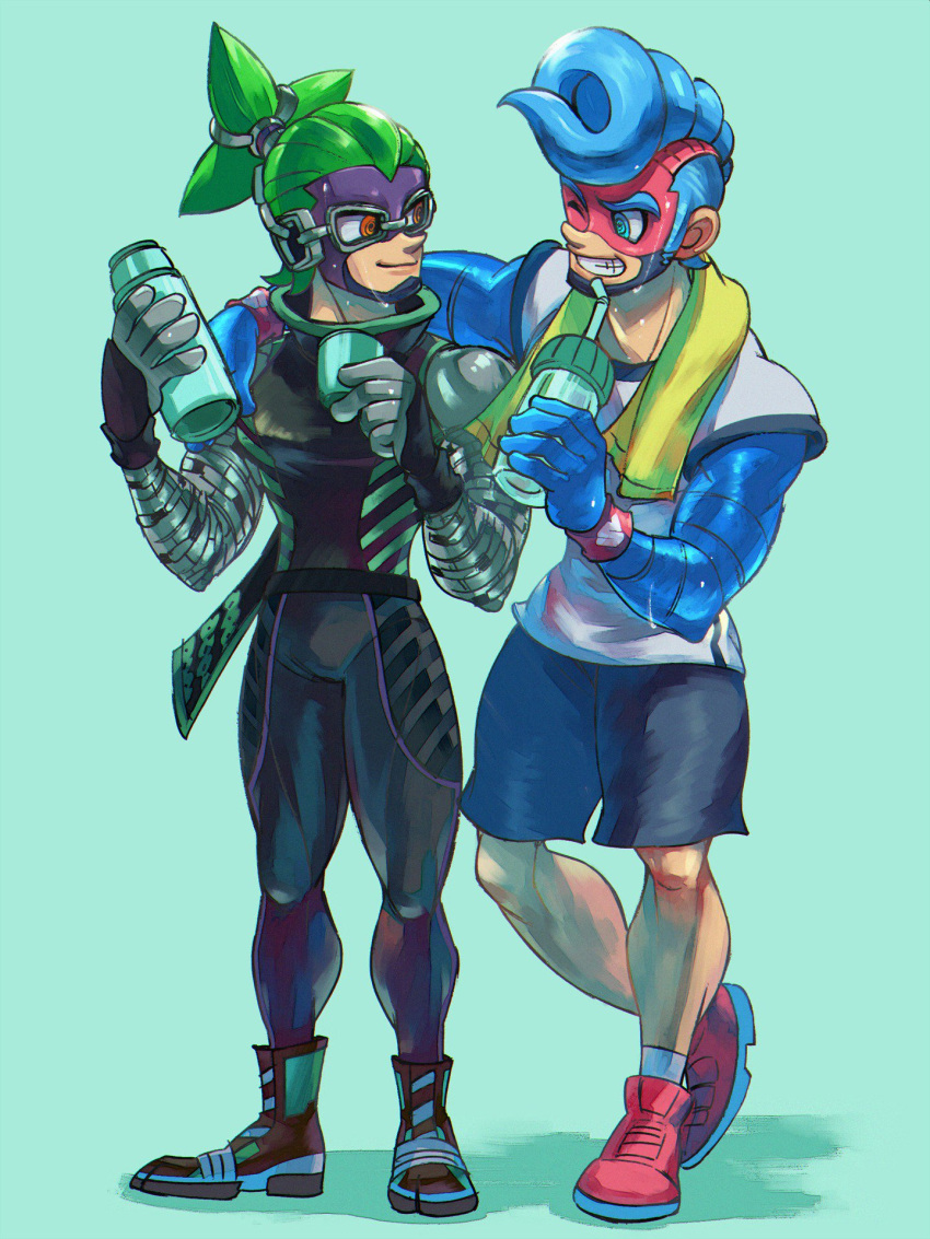2boys, al_bhed_eyes, arm_around_shoulder, arms_(game), blue_eyes, blue_hair, boots, chains