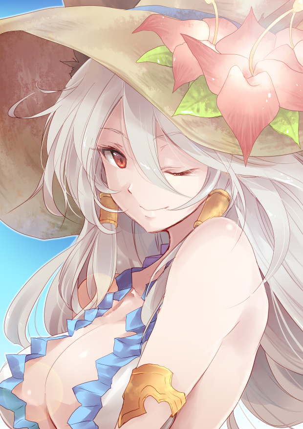 1girl, animal_ears, bare_shoulders, bikini, breasts, cleavage, flower, granblue_fantasy