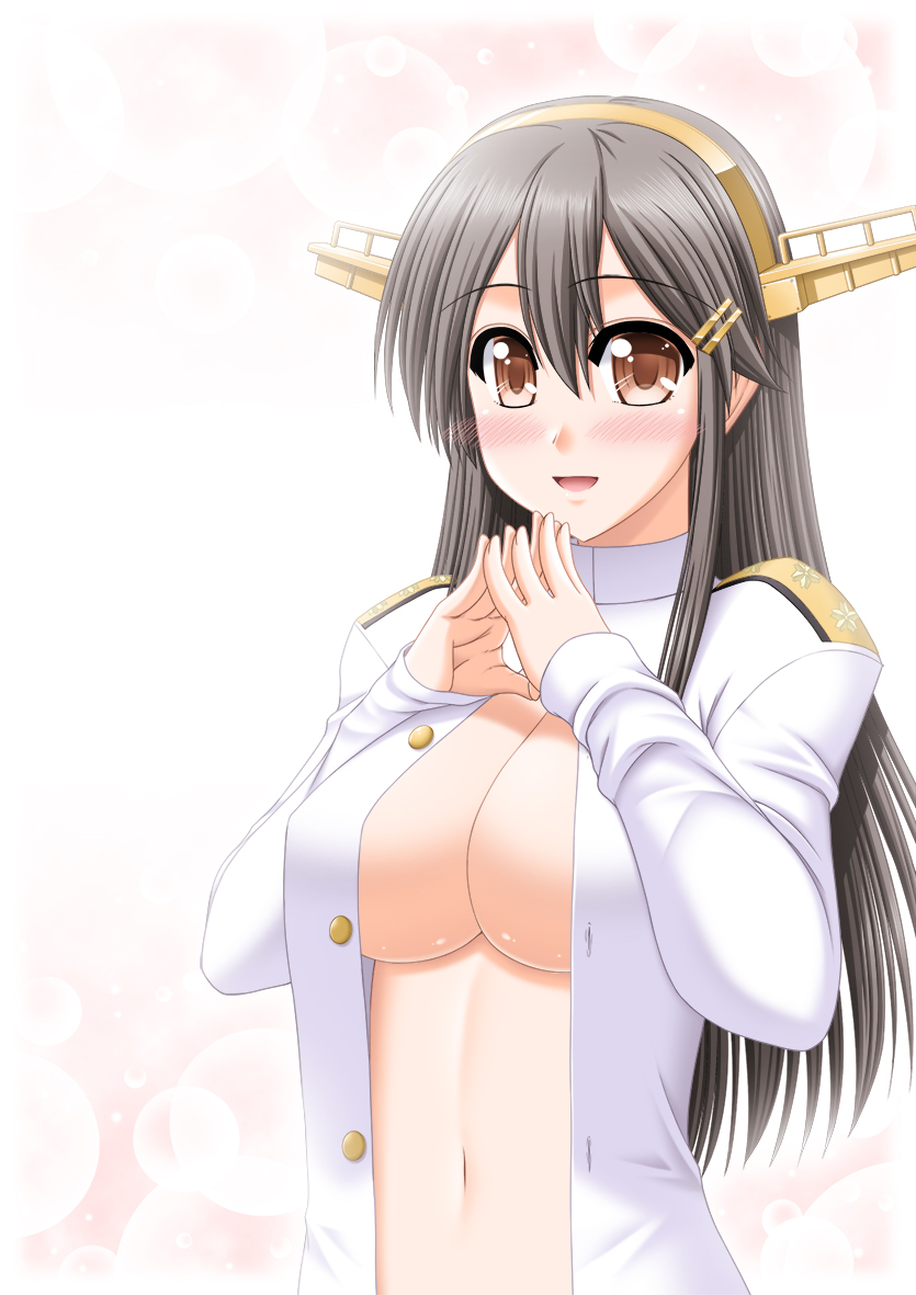 alternate_costume, black_hair, blush, breasts, brown_eyes, cleavage, commentary_request, hair_between_eyes