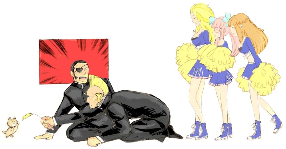 2boys, 3girls, amemiya_sayaka, anna_lindhurst, cheerleader, eyepatch, kanda_aoi, mohawk