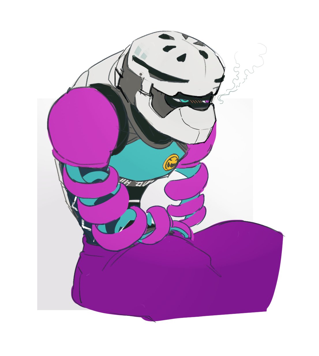 1boy, arms_(game), baggy_pants, blue_eyes, blush, gradient, gradient_background, helmet, heterochromia, highres, kid_cobra, long_arms, male_focus, pants, shanty_(mattariino), simple_background, sitting, solo, steam, violet_eyes, white_background