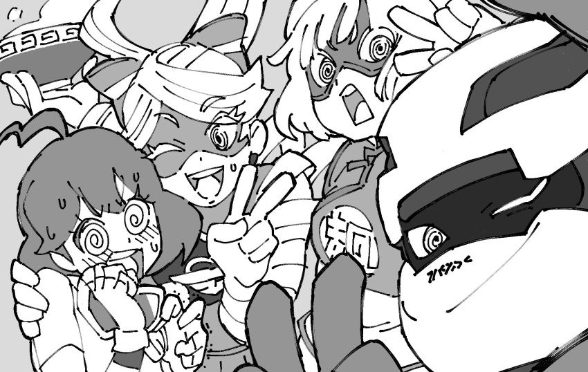 1boy, 3girls, @_@, ahoge, al_bhed_eyes, arms_(game), bangs, beanie, blunt_bangs, bowl, domino_mask, greyscale, hat, helmet, highres, kid_cobra, looking_at_another, looking_at_viewer, mask, mechanica_(arms), min_min_(arms), monochrome, multiple_girls, photobomb, ribbon_girl_(arms), self_shot, sweat, upper_body, uzura3026, v