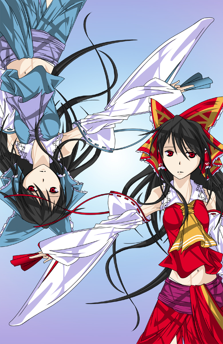 black_hair, concealed_the_conclusion, d-suke, detached_sleeves, dual_persona, hakurei_reimu, highres, japanese_clothes