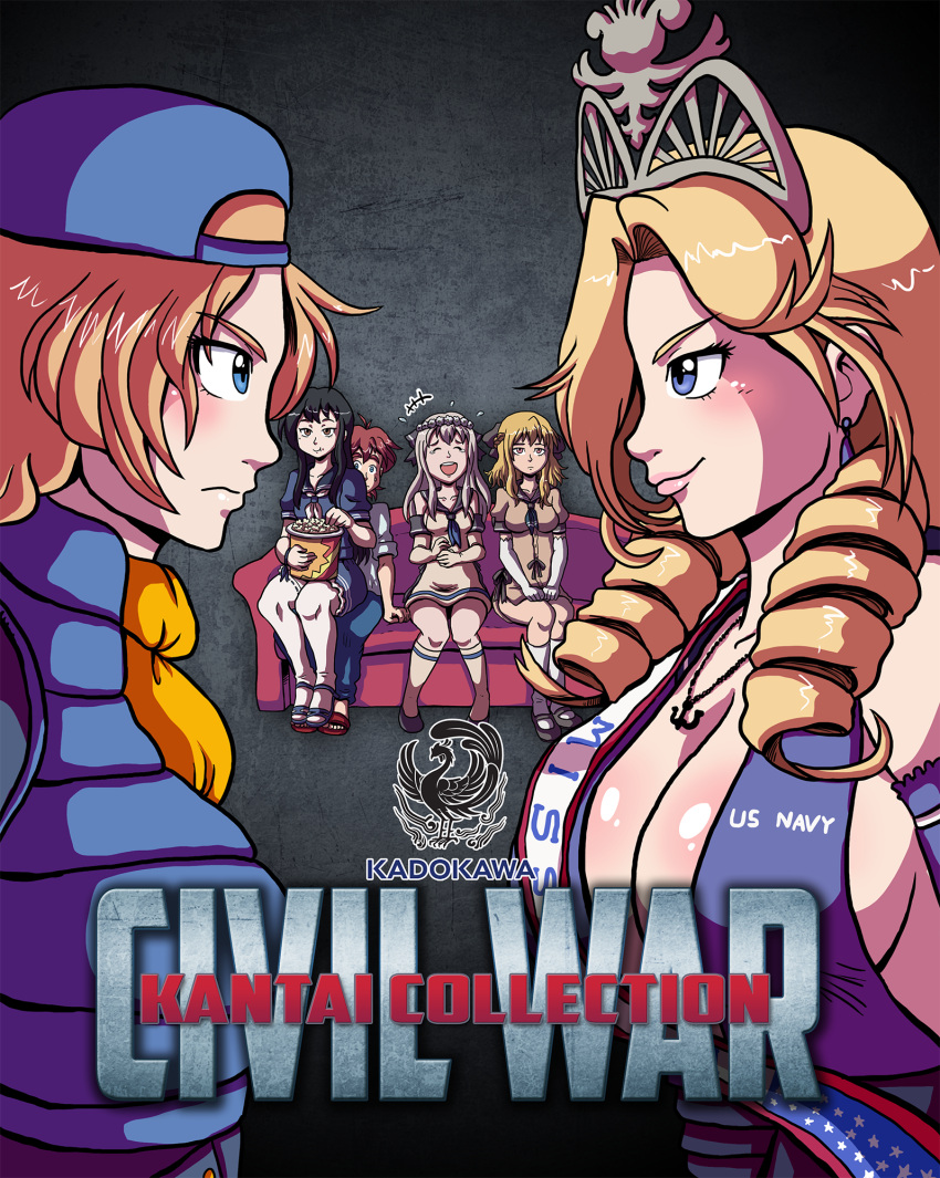 +++, 1boy, 5girls, anchor_necklace, backwards_hat, black_hair, black_ribbon, black_shoes