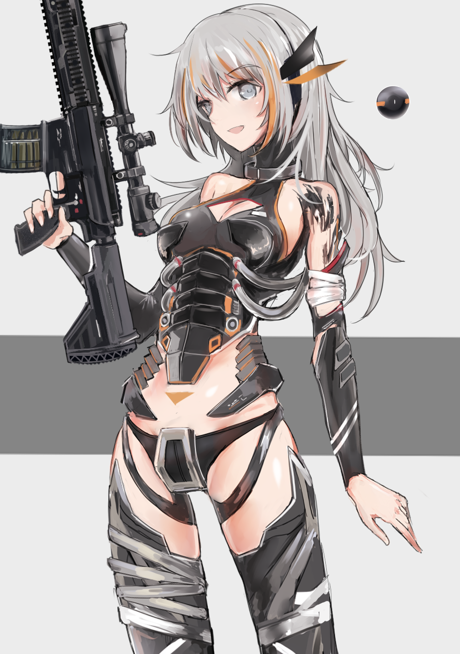1girl, armor, bangs, battle_rifle, bikini_armor, black_legwear, black_panties, bodysuit