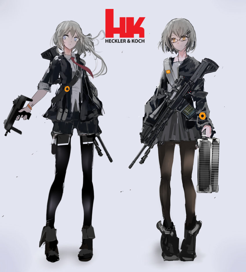 2girls, assault_rifle, bangs, battle_rifle, black_boots, black_legwear, black_skirt, blue_eyes