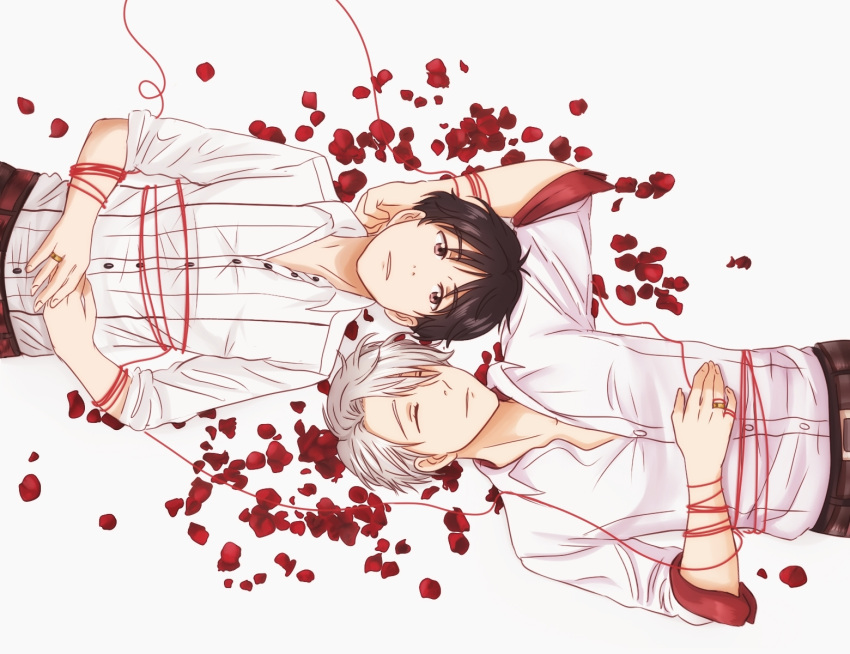 2boys, black_hair, brown_eyes, closed_eyes, collared_shirt, cubisticking, from_above, highres