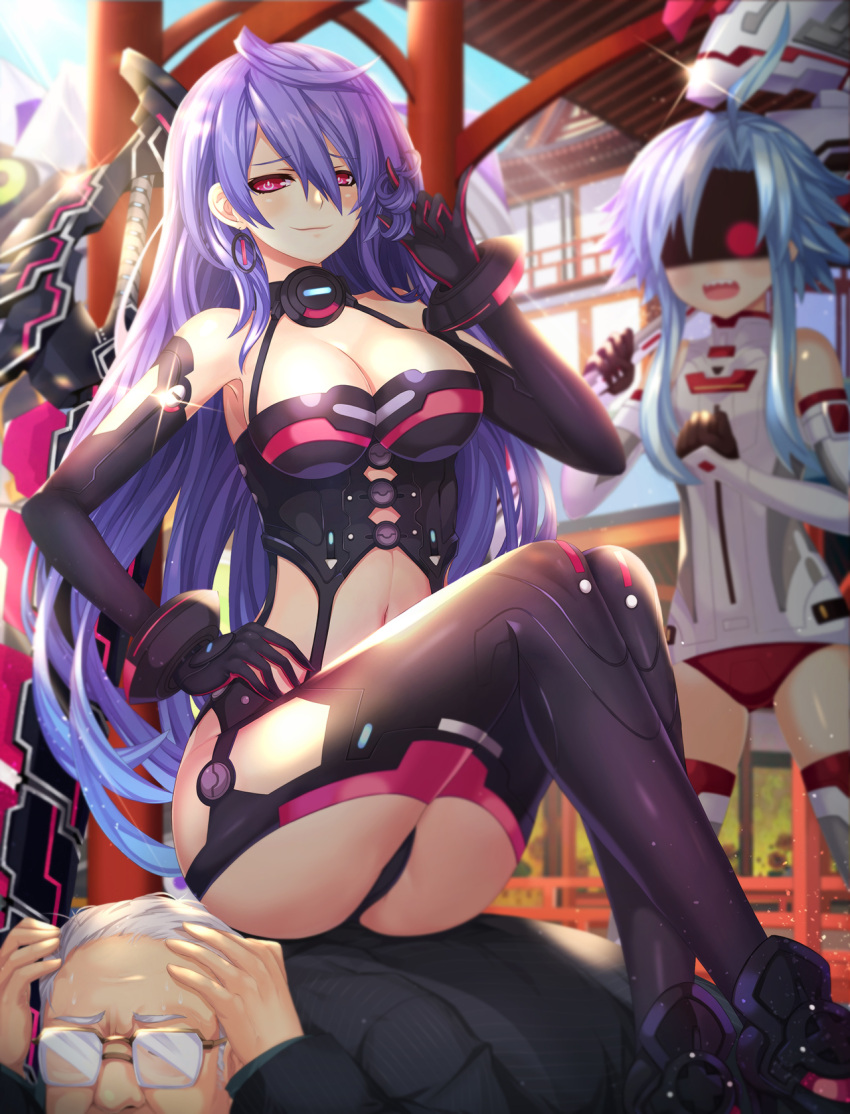 ahoge, akudaijin, axe, beluga_dolphin, blanc, blue_hair, breasts, cleavage