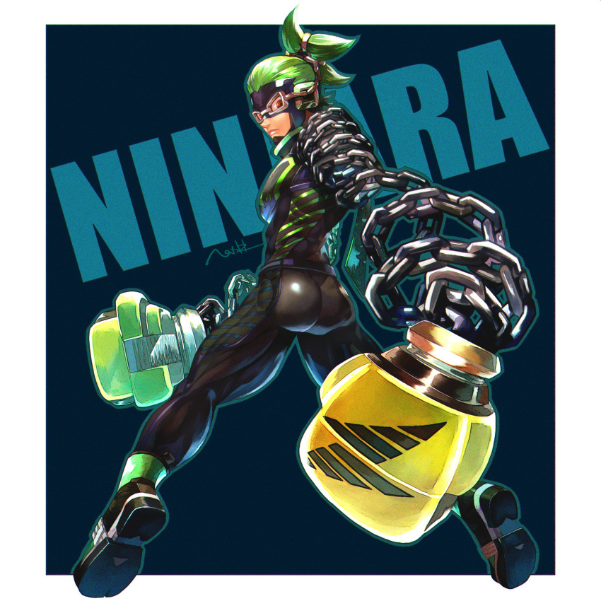 1boy, arms_(game), ass, blue_background, boxing_gloves, chains, character_name, closed_mouth