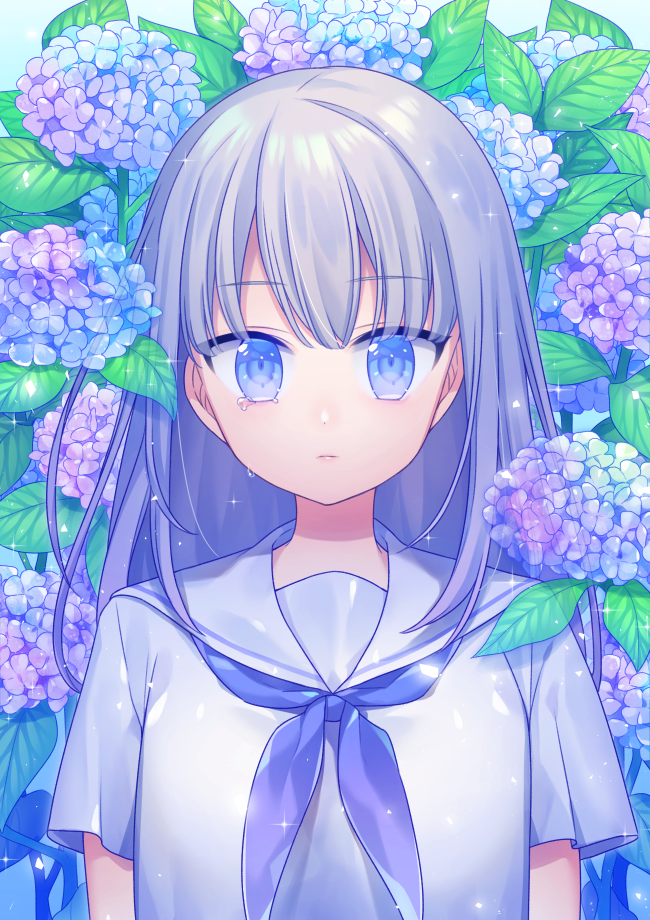 1girl, arms_at_sides, bangs, blue_eyes, blue_flower, blue_neckerchief, closed_mouth, eyebrows_visible_through_hair