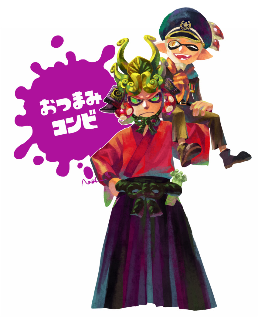 +_+, 2boys, armor, beard, carrying, commander_atarime, dj_takowasa, domino_mask, facial_hair, fangs, green_sclera, hakama, hand_on_hip, hat, helmet, highres, japanese_armor, japanese_clothes, kabuto, kimono, male_focus, mask, multiple_boys, nkraae, octarian, official_style, peaked_cap, redhead, scarf, shoulder_carry, silver_hair, simple_background, smile, splatoon, tentacle_hair, topknot, violet_eyes, wasabi, white_background, yellow_eyes, younger