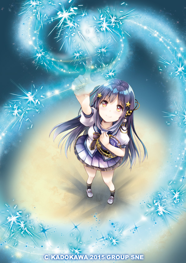 1girl, arm_up, bangs, black_hair, black_legwear, black_ribbon, blush, closed_mouth, collarbone, commentary_request, company_name, crescent, crescent_hair_ornament, dreadnought_(tcg), eyebrows_visible_through_hair, from_above, full_body, gradient_eyes, hair_ornament, hand_up, holding, index_finger_raised, kneehighs, loafers, long_hair, looking_away, looking_up, magic, multicolored, multicolored_eyes, neck_ribbon, official_art, outstretched_arm, pink_eyes, pleated_skirt, pointing, pointing_up, print_skirt, puffy_short_sleeves, puffy_sleeves, ribbon, school_uniform, serafuku, shiny, shiny_hair, shoes, short_sleeves, sidelocks, skirt, smile, solo, sparkle, sparkle_print, star, star_hair_ornament, white_shoes, white_skirt, yamadori_ofuu, yellow_eyes